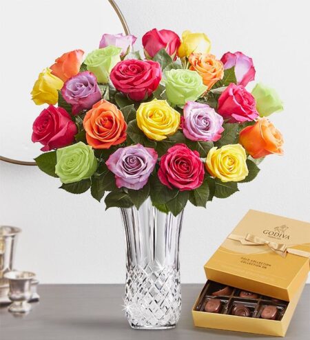 Two Dozen Assorted Roses with Luxury Posh Vase